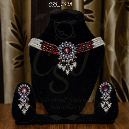 Oxidized Monalisa stone sleek necklace set