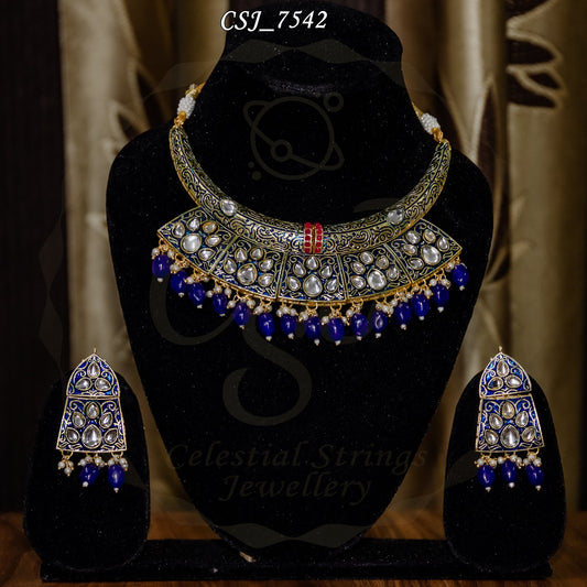 Kundan Meena Royal Blue 2 tukdi Choker