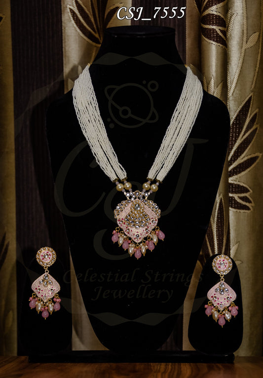 Meena Kundan Pearl Mala Necklace Set