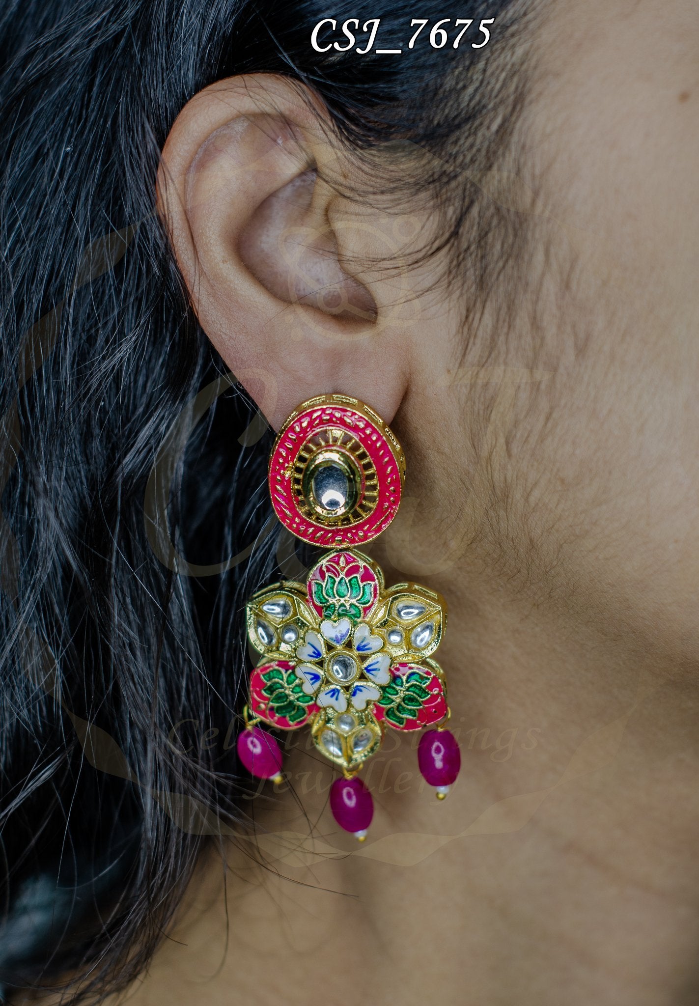 Ornate Enamel Drop Meena Earrings