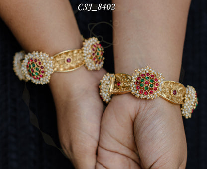 Majestic Mosaic Gold-Tone Kada Pair with Pearls and Multicolor Stones