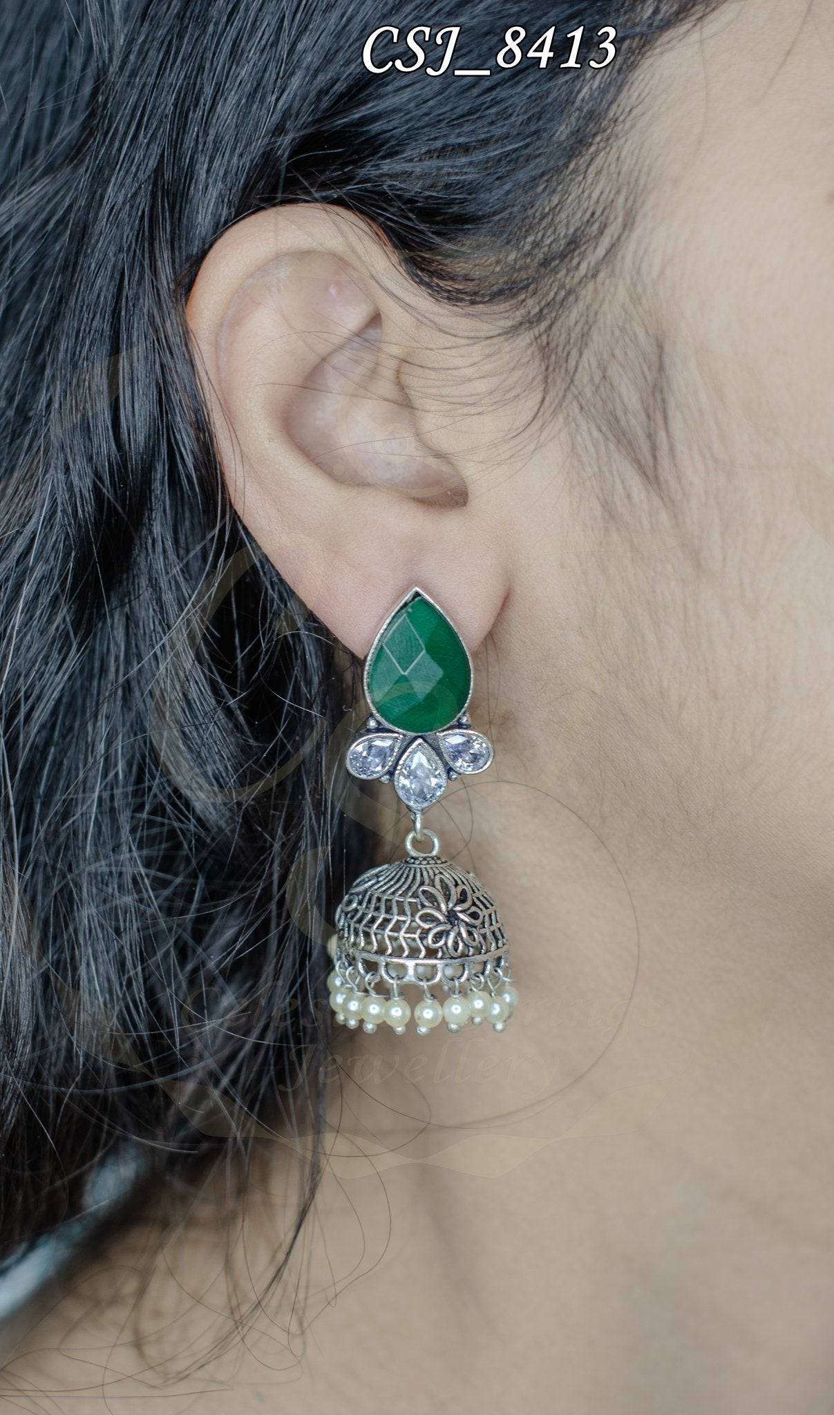 Verdant Elegance Gemstone and Filigree Drop Earring with Pearl Accents