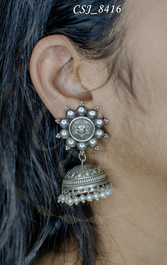 Traditional Silver Mandala Stud with Pearl Dome Earring